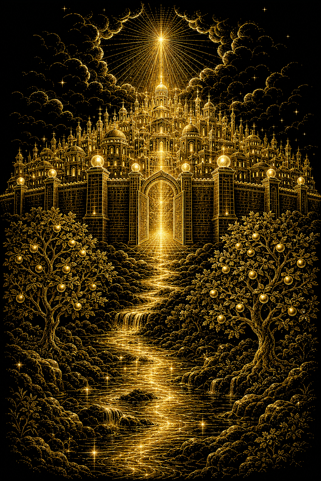 Golden engraving of the New Jerusalem descending from heaven