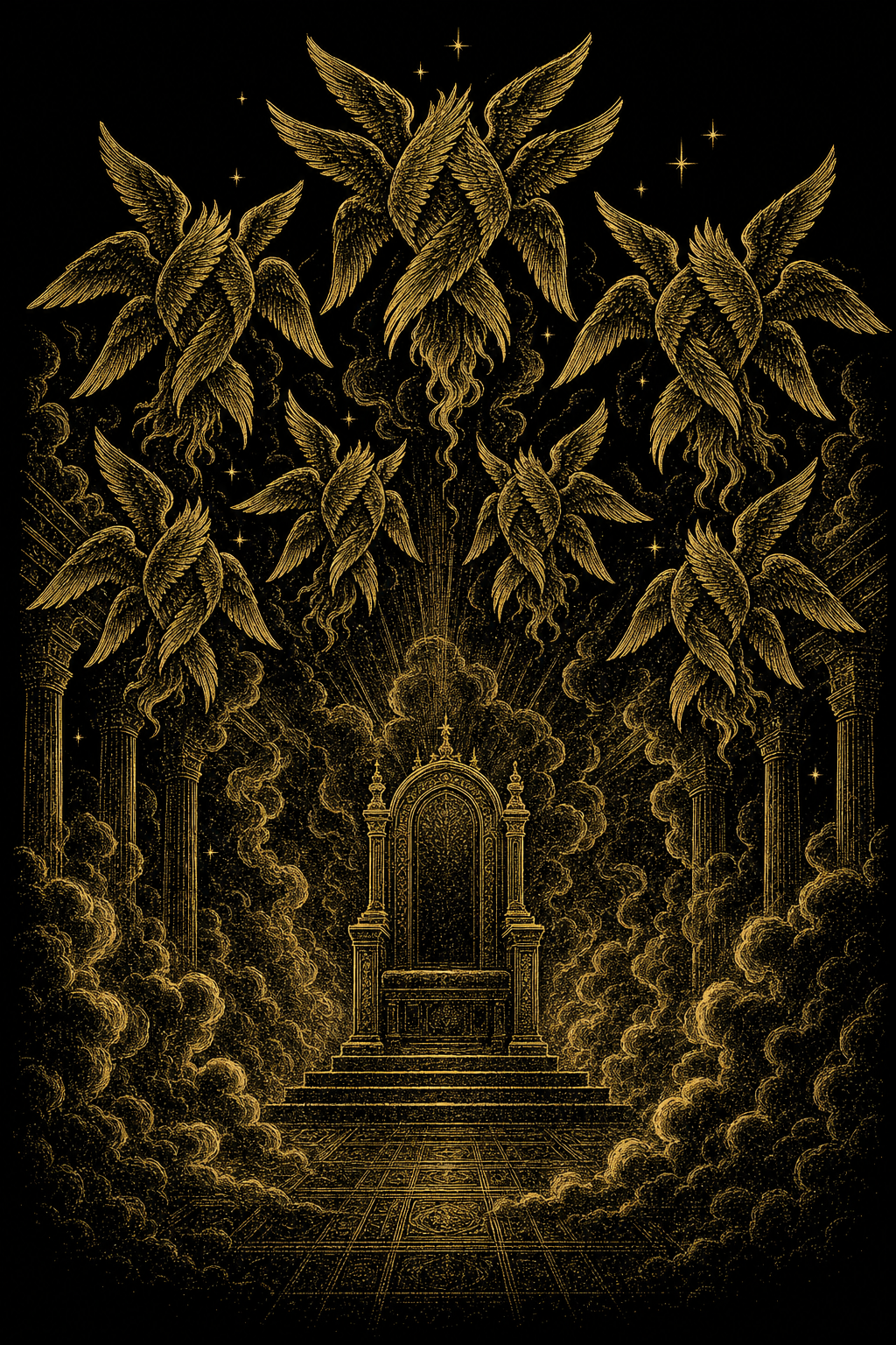 Golden engraving of seraphim angels before the throne of God